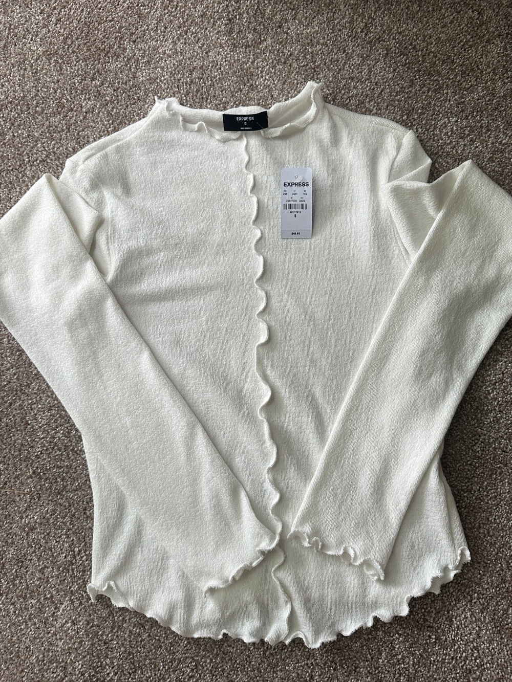 Express Cream Scallop-Trim Ribbed Long Sleeve Sweater